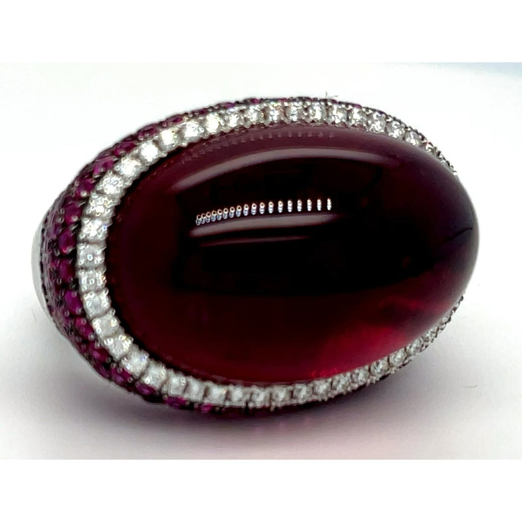 18k White Gold Rubellite Cabochon Ring with Diamond Bezel and Ruby Accents Sz 7