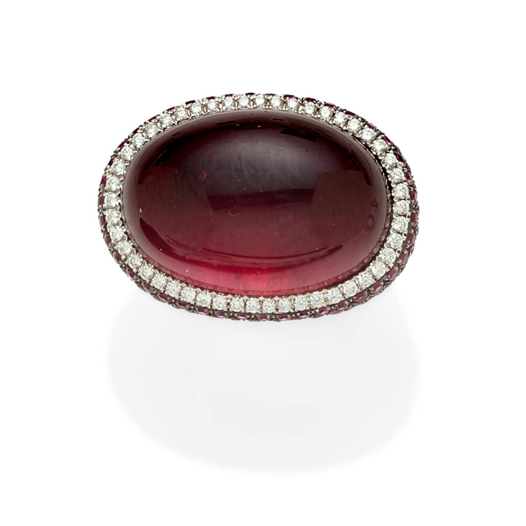 18k White Gold Rubellite Cabochon Ring with Diamond Bezel and Ruby Accents Sz 7