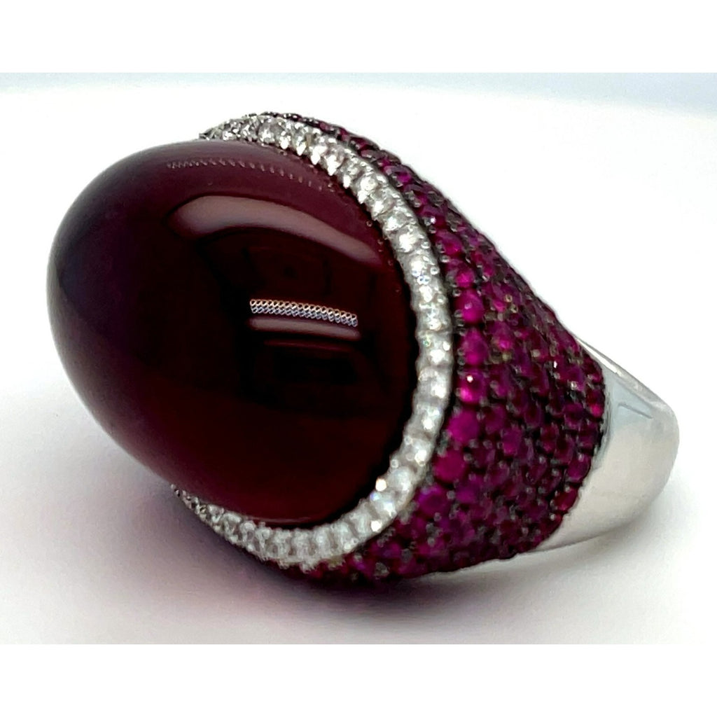 18k White Gold Rubellite Cabochon Ring with Diamond Bezel and Ruby Accents Sz 7
