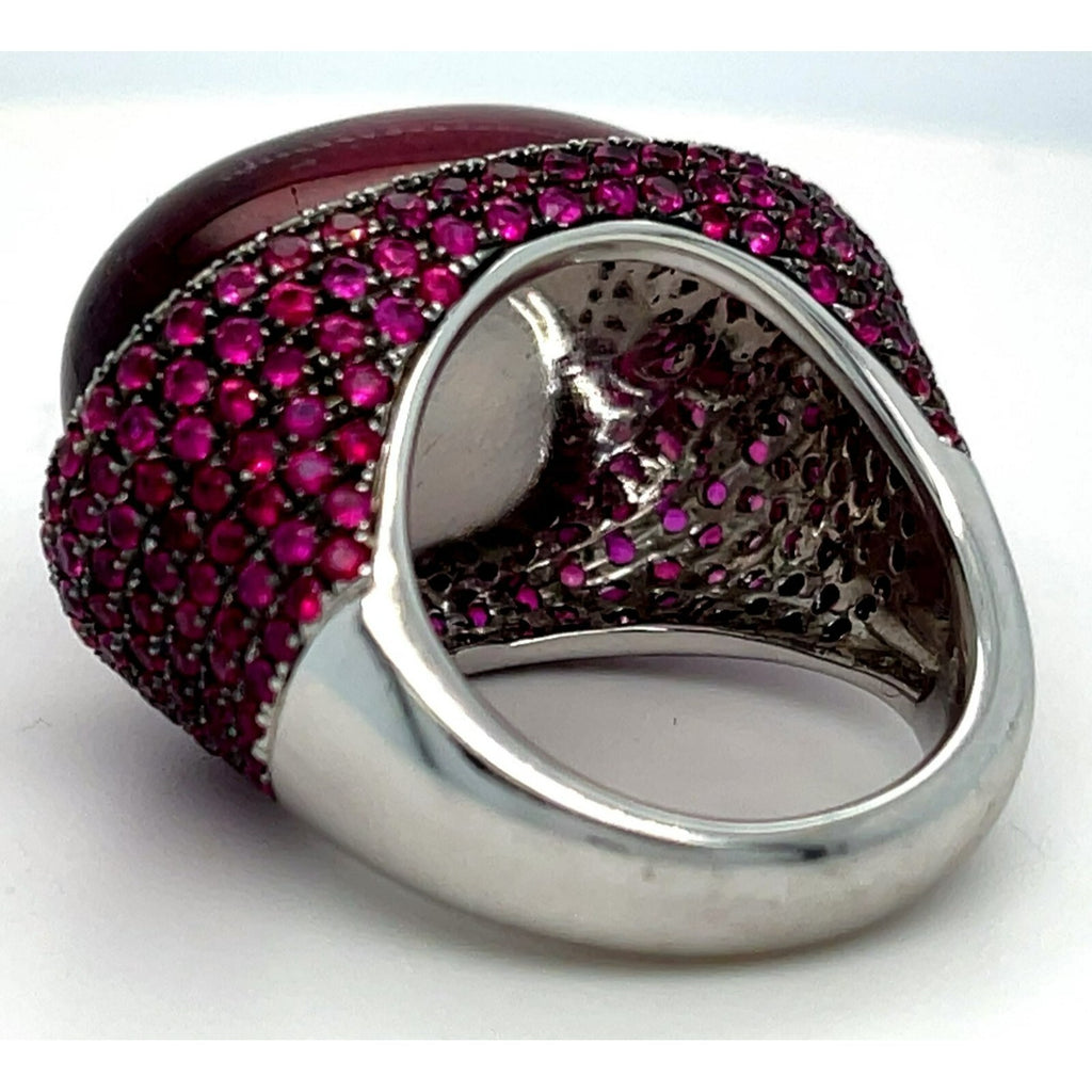18k White Gold Rubellite Cabochon Ring with Diamond Bezel and Ruby Accents Sz 7