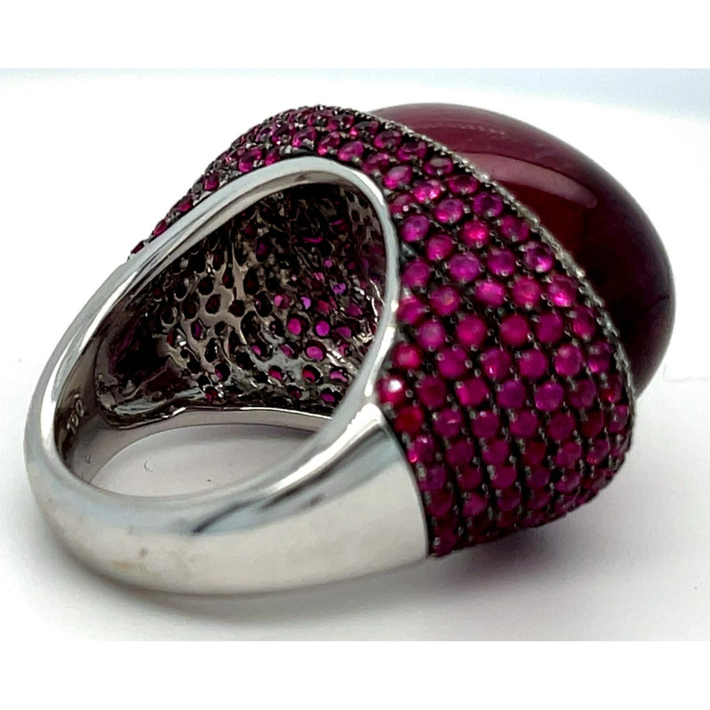 18k White Gold Rubellite Cabochon Ring with Diamond Bezel and Ruby Accents Sz 7