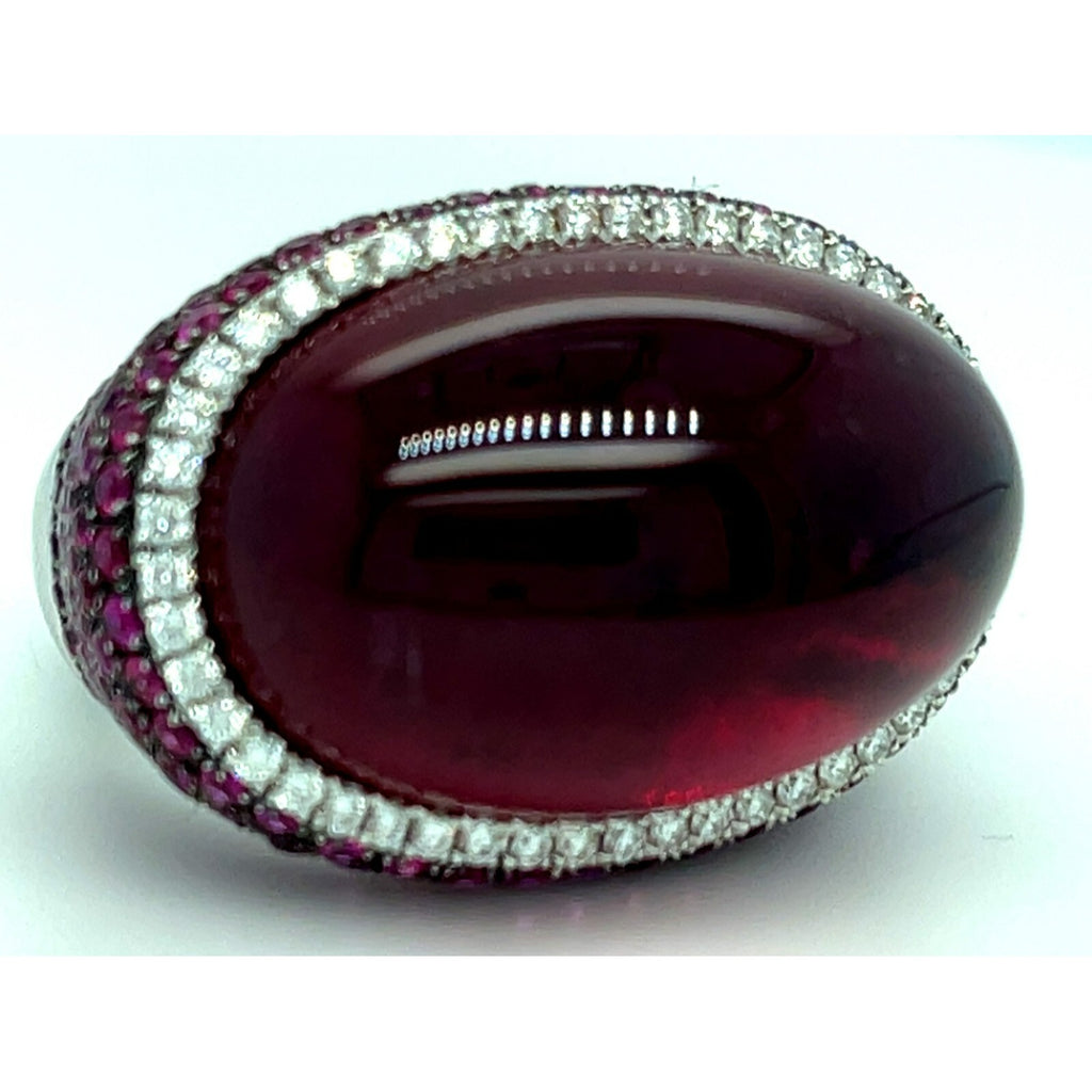18k White Gold Rubellite Cabochon Ring with Diamond Bezel and Ruby Accents Sz 7