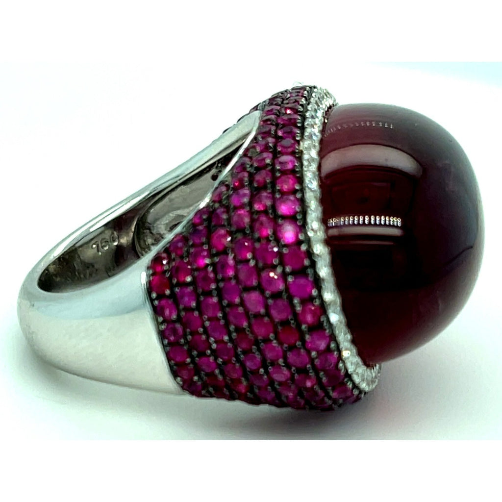 18k White Gold Rubellite Cabochon Ring with Diamond Bezel and Ruby Accents Sz 7