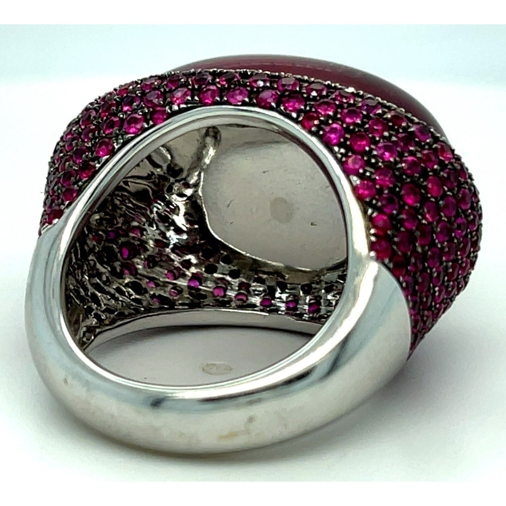 18k White Gold Rubellite Cabochon Ring with Diamond Bezel and Ruby Accents Sz 7