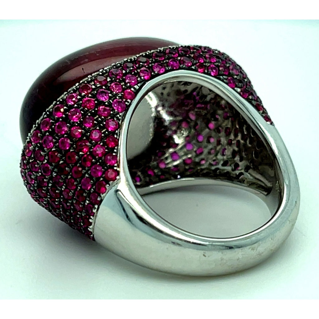 18k White Gold Rubellite Cabochon Ring with Diamond Bezel and Ruby Accents Sz 7