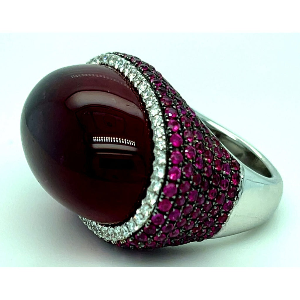 18k White Gold Rubellite Cabochon Ring with Diamond Bezel and Ruby Accents Sz 7