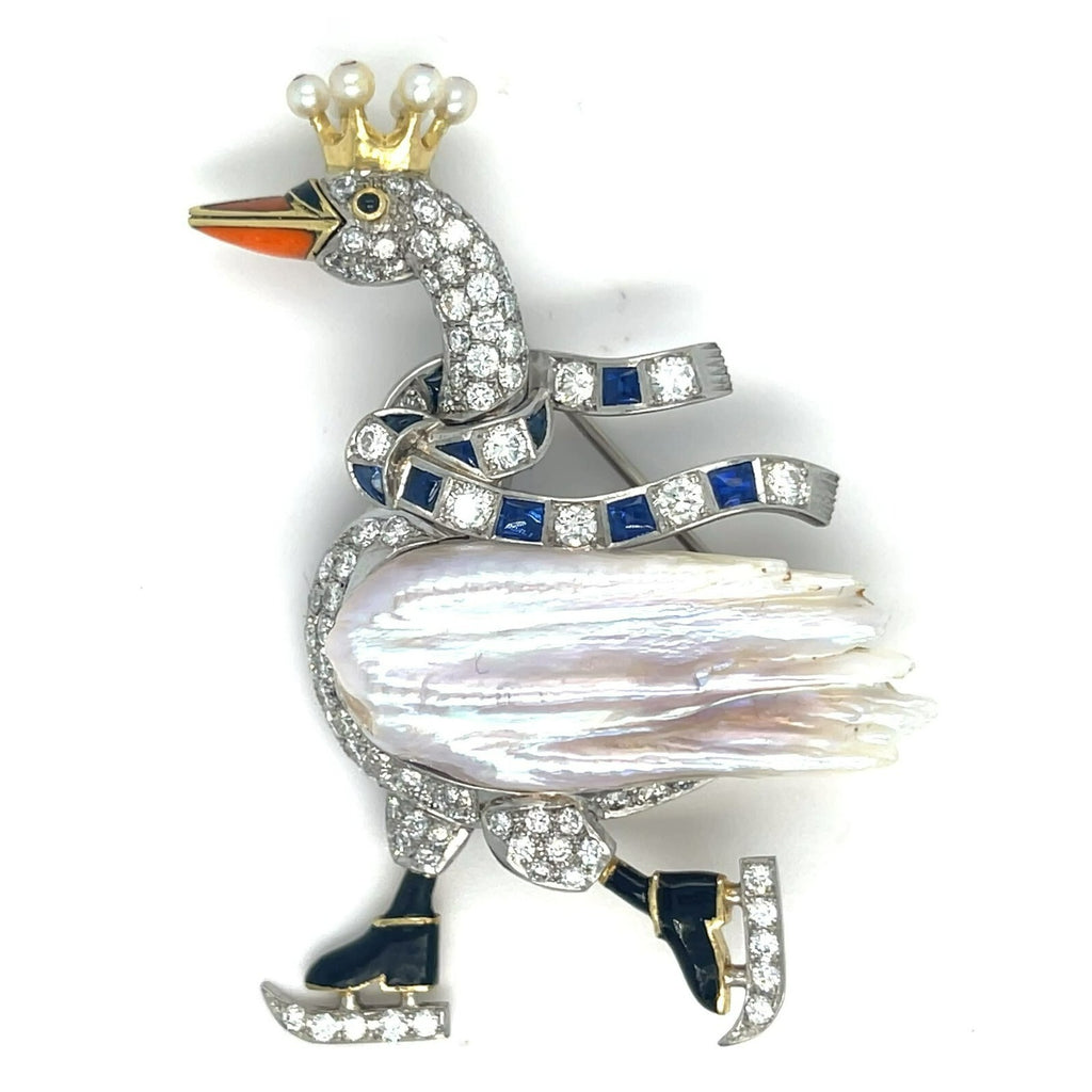 18k Gold and Platinum Mississippi River Pearl Diamond Ice Skating Swan Brooch