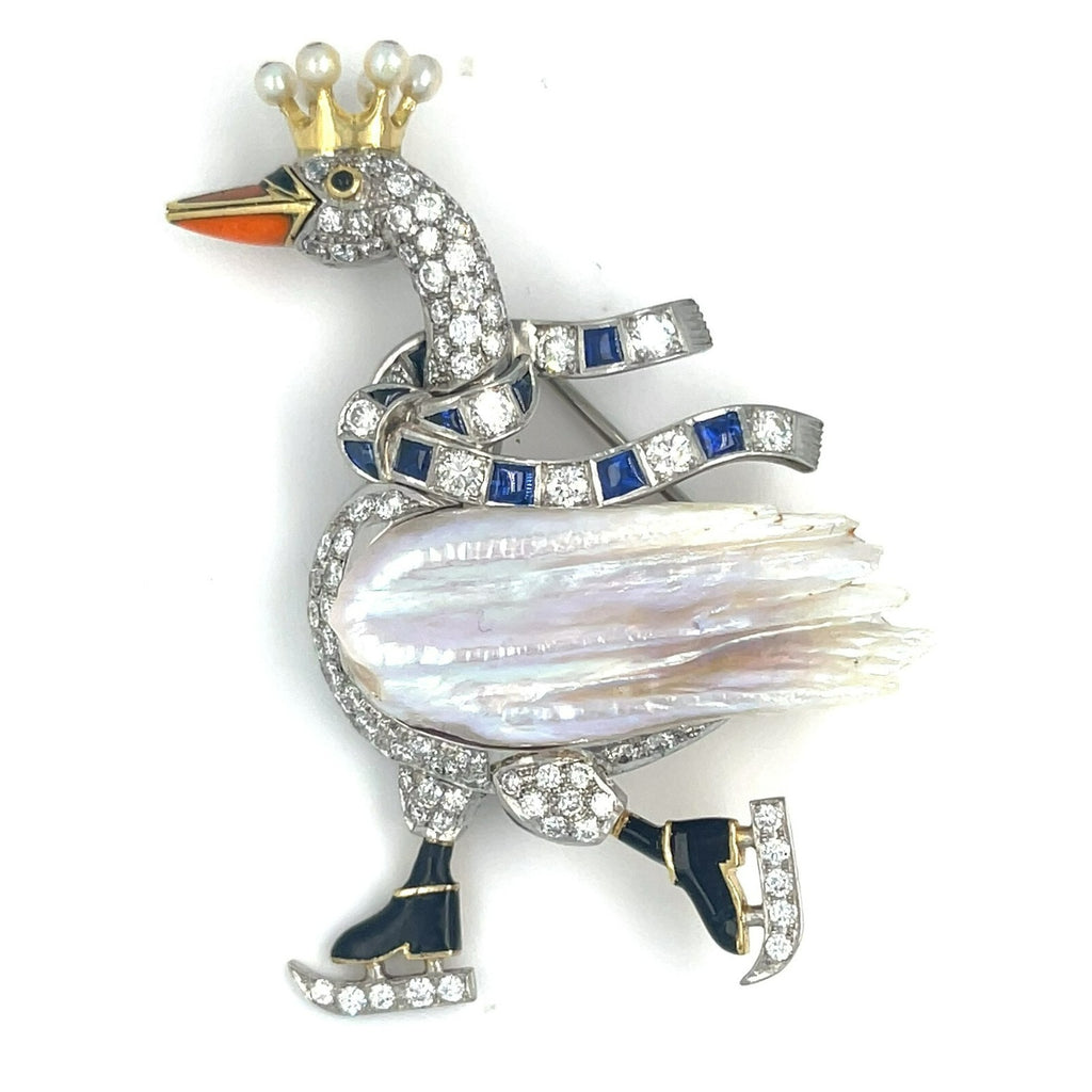 18k Gold and Platinum Mississippi River Pearl Diamond Ice Skating Swan Brooch