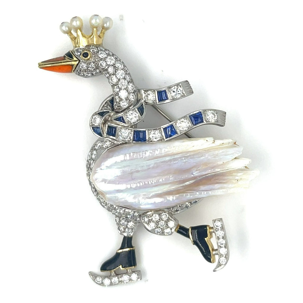 18k Gold and Platinum Mississippi River Pearl Diamond Ice Skating Swan Brooch