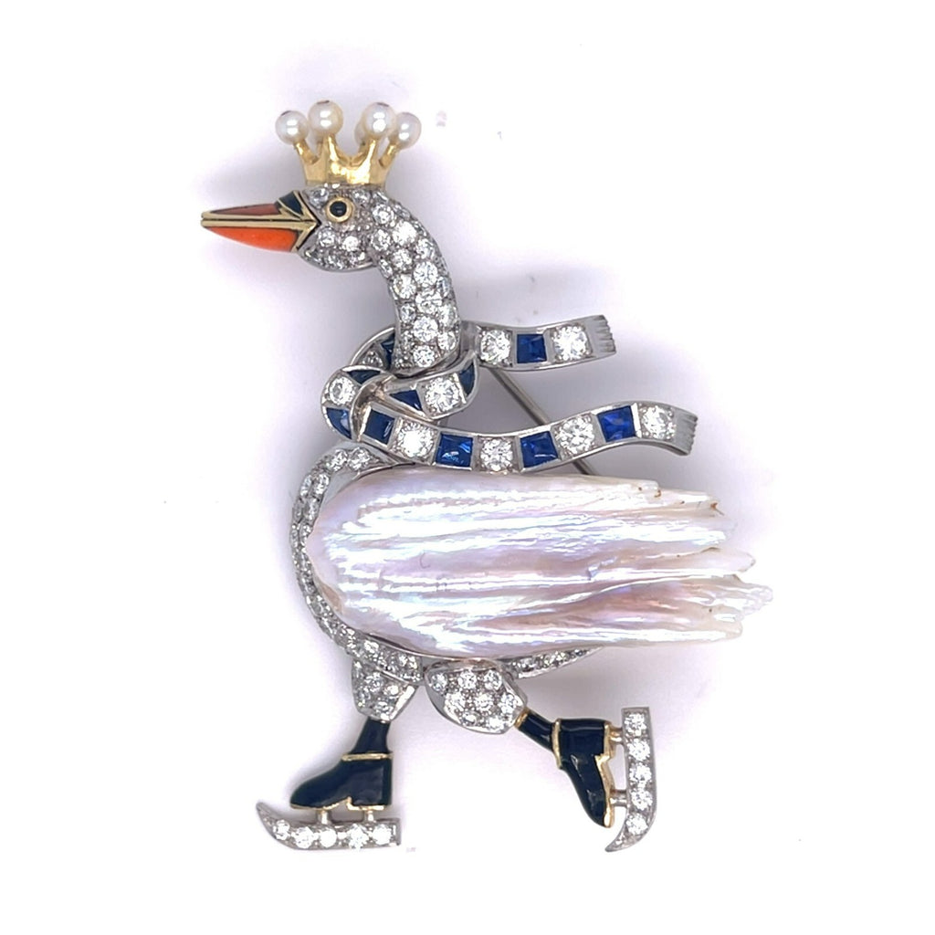18k Gold and Platinum Mississippi River Pearl Diamond Ice Skating Swan Brooch