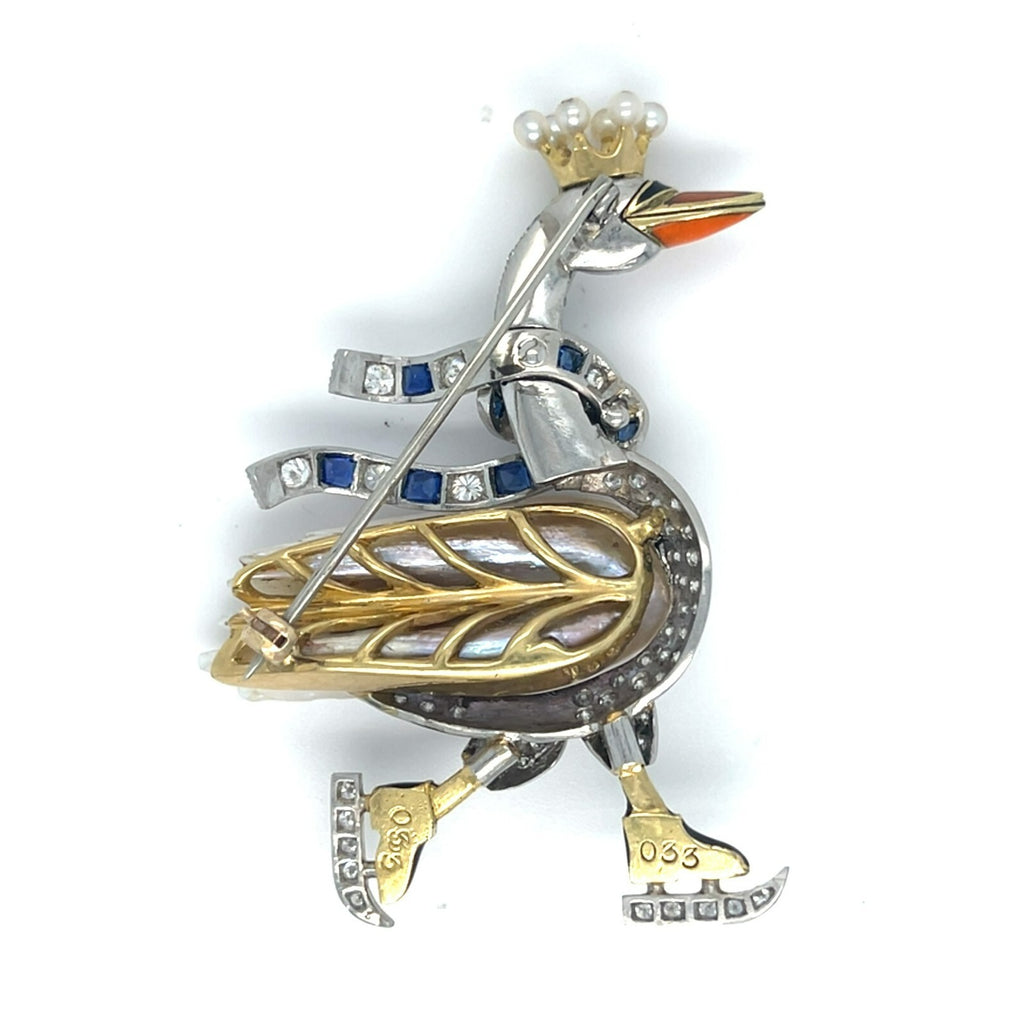 18k Gold and Platinum Mississippi River Pearl Diamond Ice Skating Swan Brooch