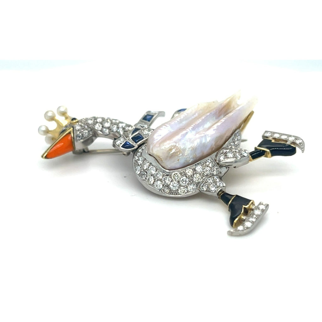 18k Gold and Platinum Mississippi River Pearl Diamond Ice Skating Swan Brooch