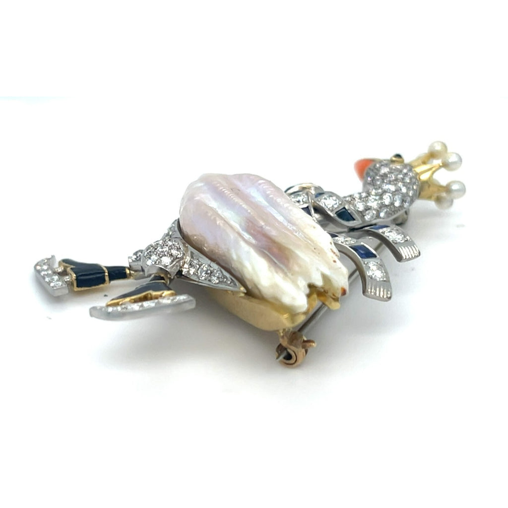 18k Gold and Platinum Mississippi River Pearl Diamond Ice Skating Swan Brooch