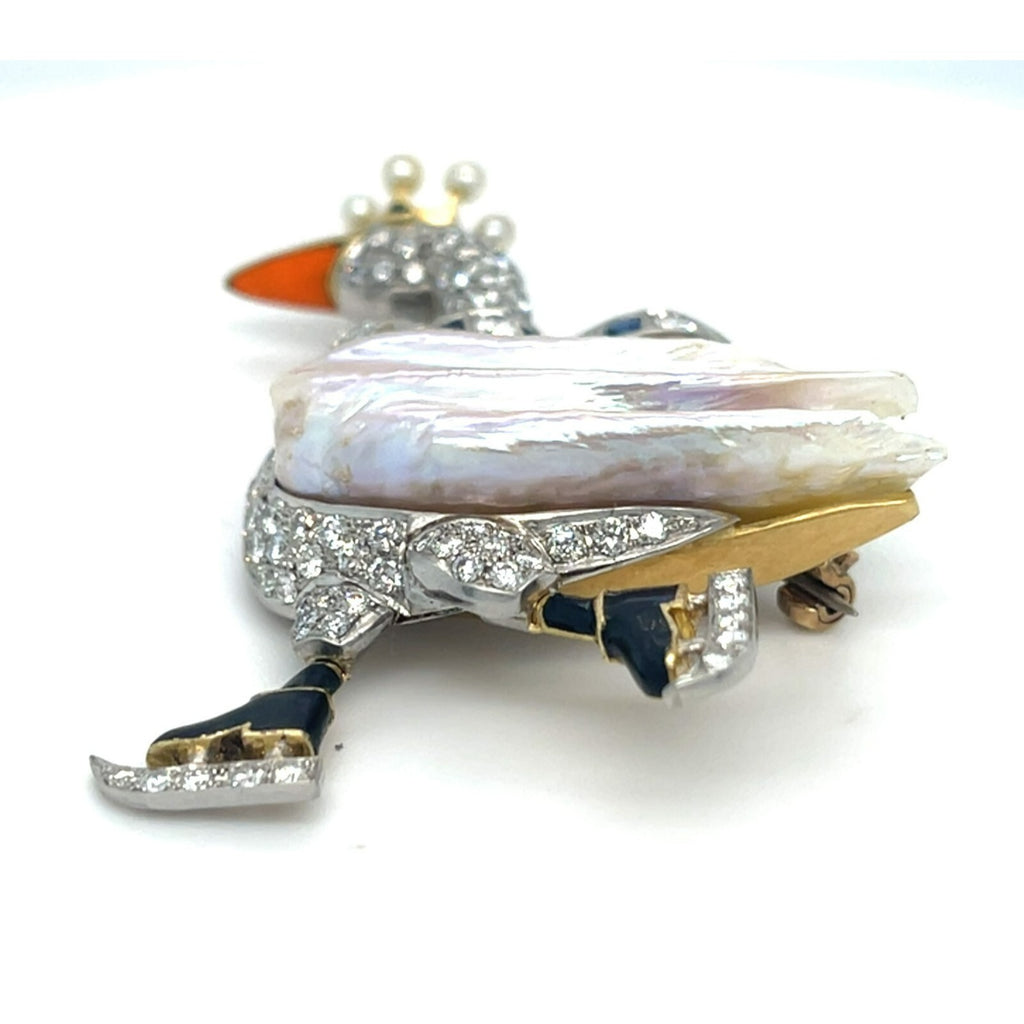 18k Gold and Platinum Mississippi River Pearl Diamond Ice Skating Swan Brooch