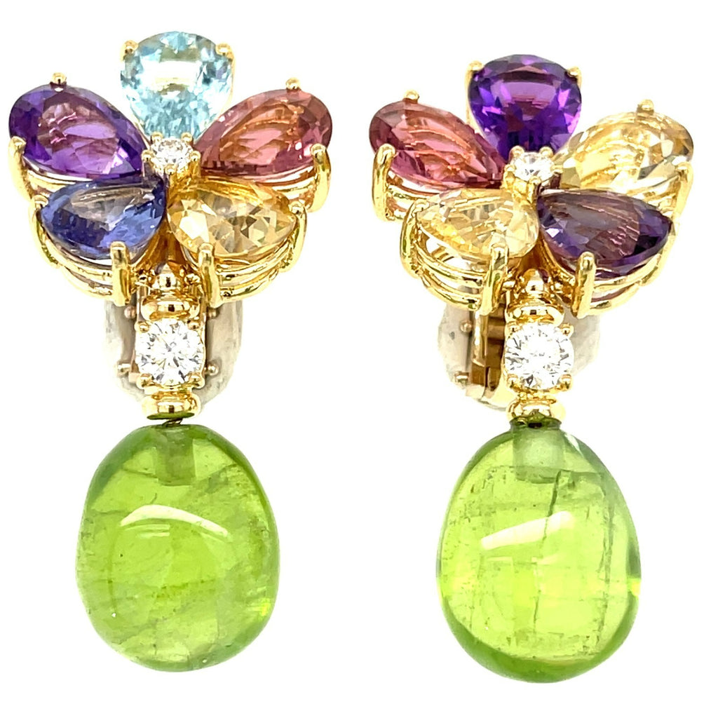 18k Yellow Gold & Multicolor Gemstone Flower Drop Earrings w/ 0.55ct Diamond Accents