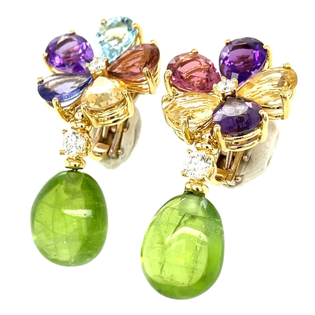 18k Yellow Gold & Multicolor Gemstone Flower Drop Earrings w/ 0.55ct Diamond Accents