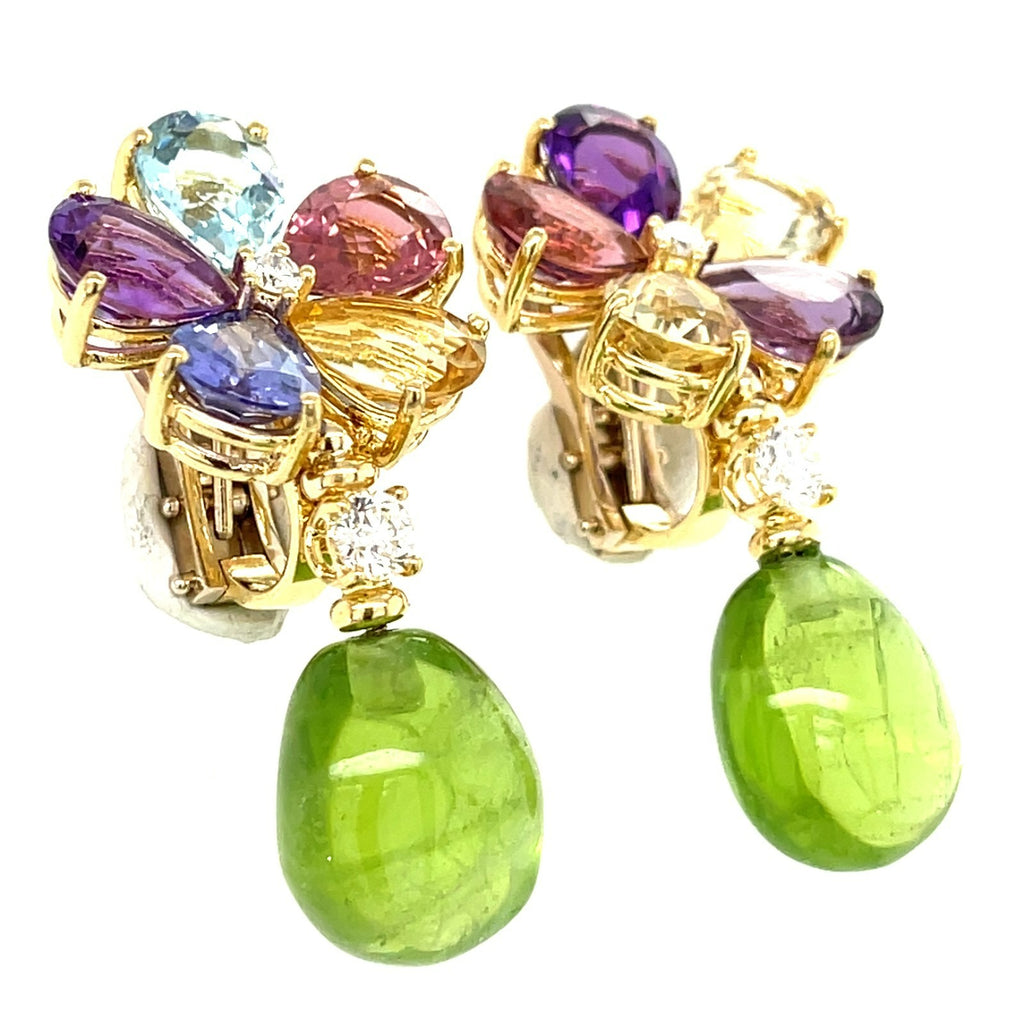 18k Yellow Gold & Multicolor Gemstone Flower Drop Earrings w/ 0.55ct Diamond Accents