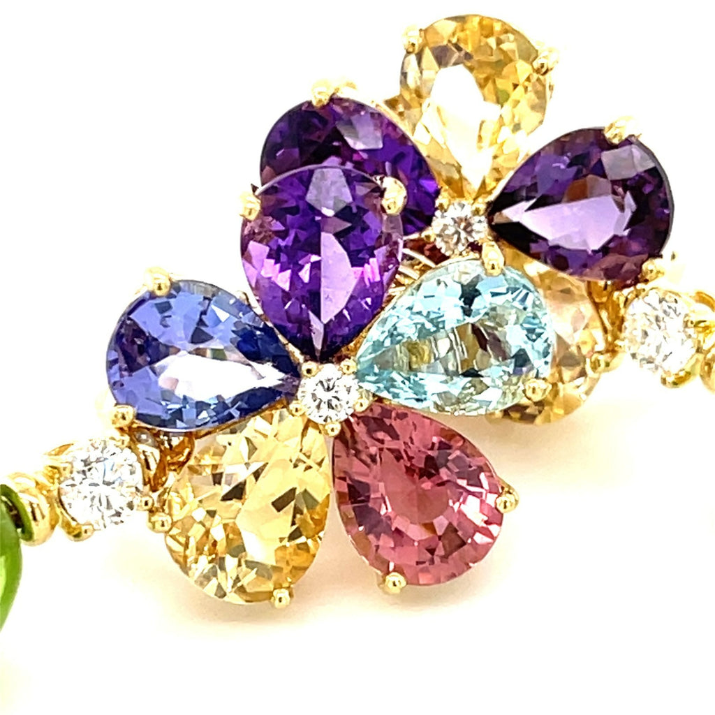 18k Yellow Gold & Multicolor Gemstone Flower Drop Earrings w/ 0.55ct Diamond Accents