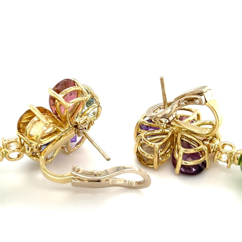 18k Yellow Gold & Multicolor Gemstone Flower Drop Earrings w/ 0.55ct Diamond Accents