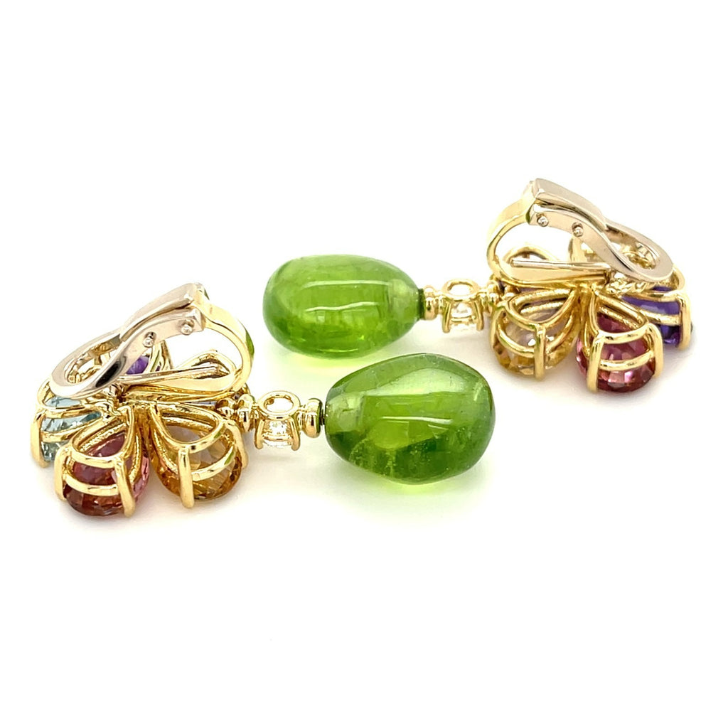 18k Yellow Gold & Multicolor Gemstone Flower Drop Earrings w/ 0.55ct Diamond Accents