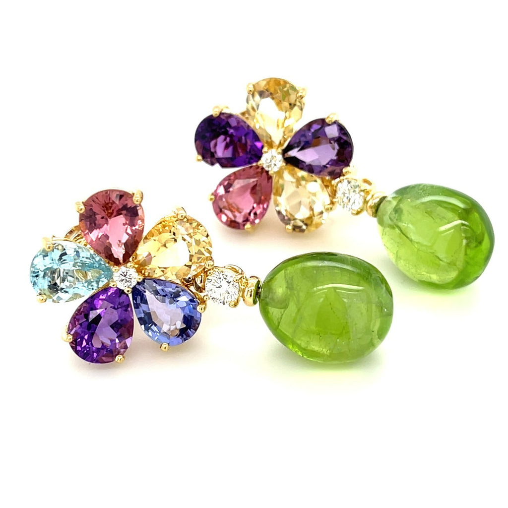 18k Yellow Gold & Multicolor Gemstone Flower Drop Earrings w/ 0.55ct Diamond Accents