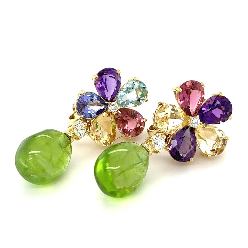 18k Yellow Gold & Multicolor Gemstone Flower Drop Earrings w/ 0.55ct Diamond Accents