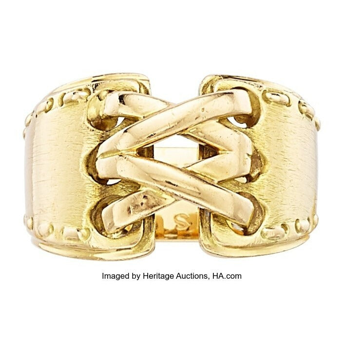 Hermes 18k Yellow Gold Corset Stitch Ring Size 6 10.6 grams