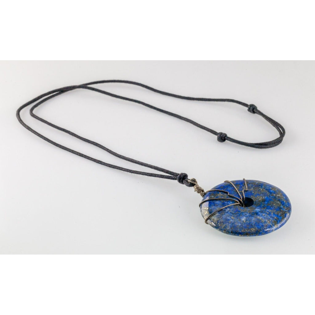 Gorgeous Heavy Lapis Lazuli Sculpted Disk Pendant with Silver Wire Work