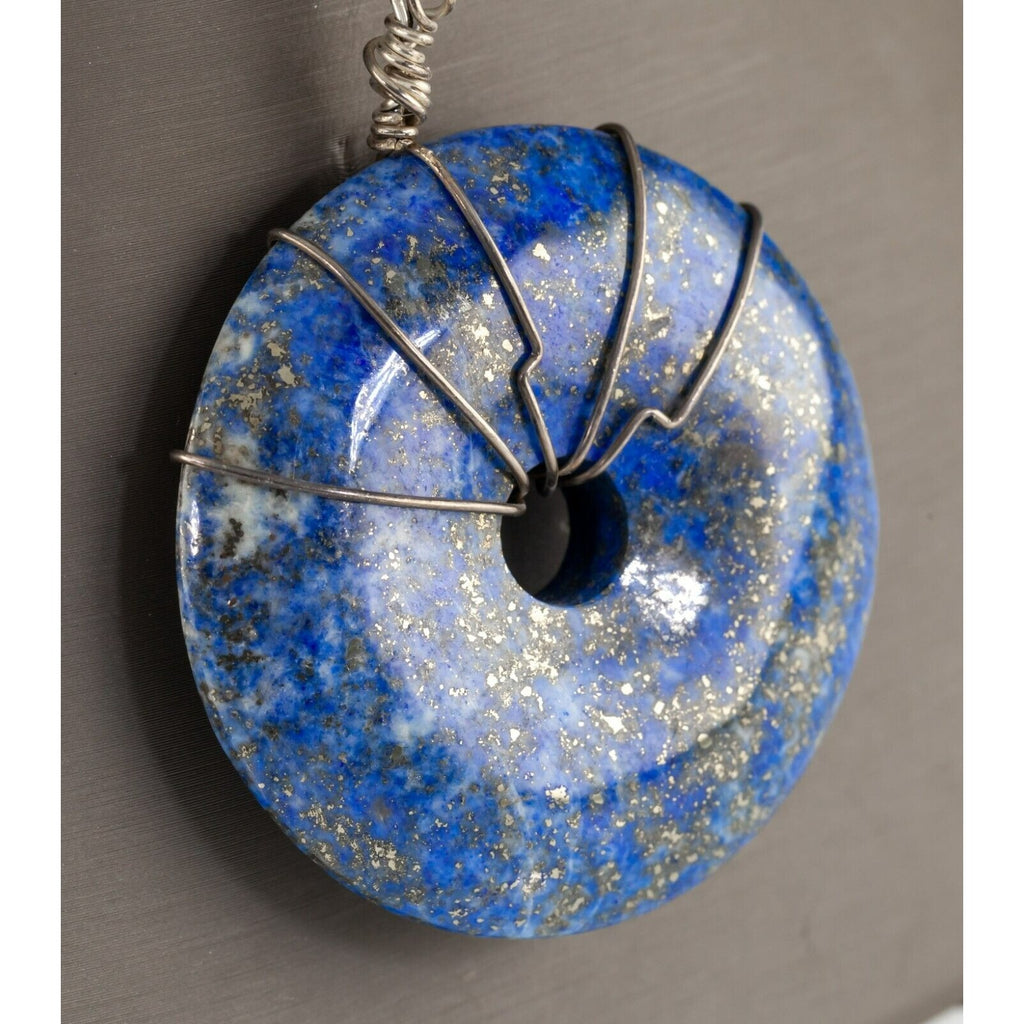 Gorgeous Heavy Lapis Lazuli Sculpted Disk Pendant with Silver Wire Work