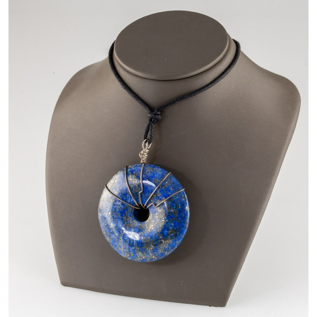 Gorgeous Heavy Lapis Lazuli Sculpted Disk Pendant with Silver Wire Work