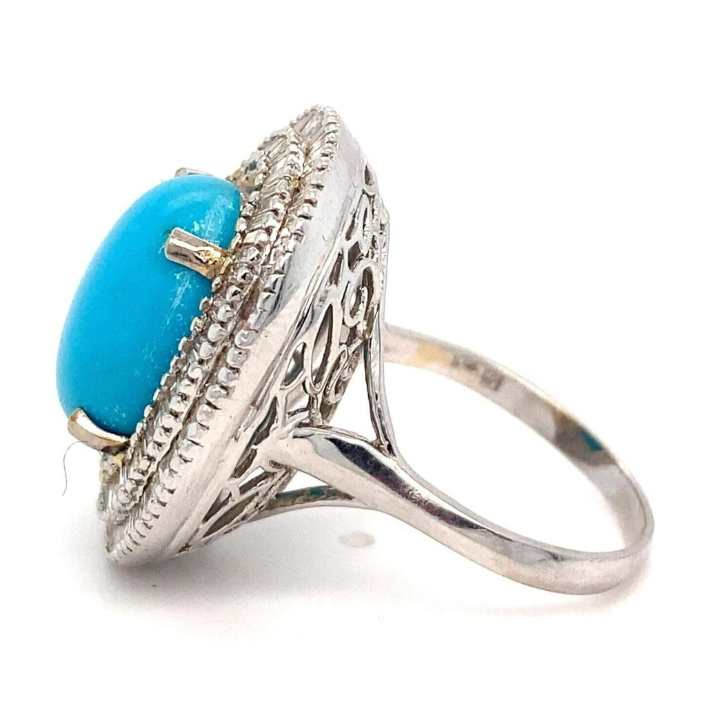 18k White Gold Turquoise Solitaire Ring w/ 2 cts Ballerina Dimaonds Size 9.25