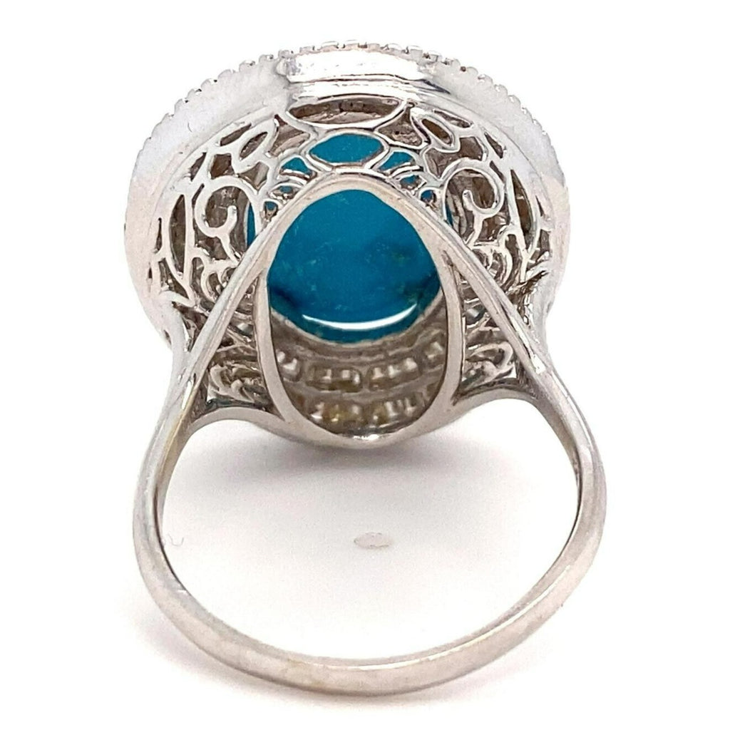18k White Gold Turquoise Solitaire Ring w/ 2 cts Ballerina Dimaonds Size 9.25