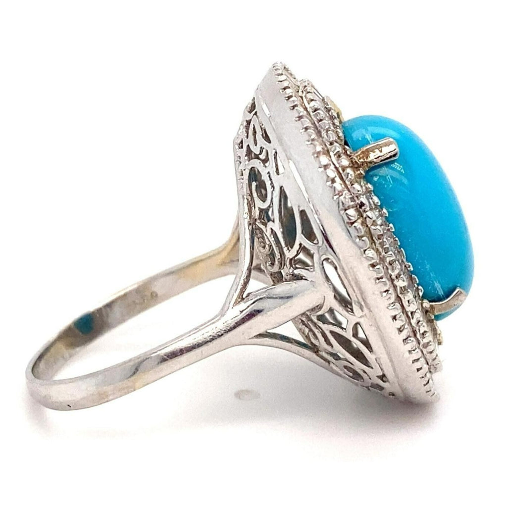 18k White Gold Turquoise Solitaire Ring w/ 2 cts Ballerina Dimaonds Size 9.25