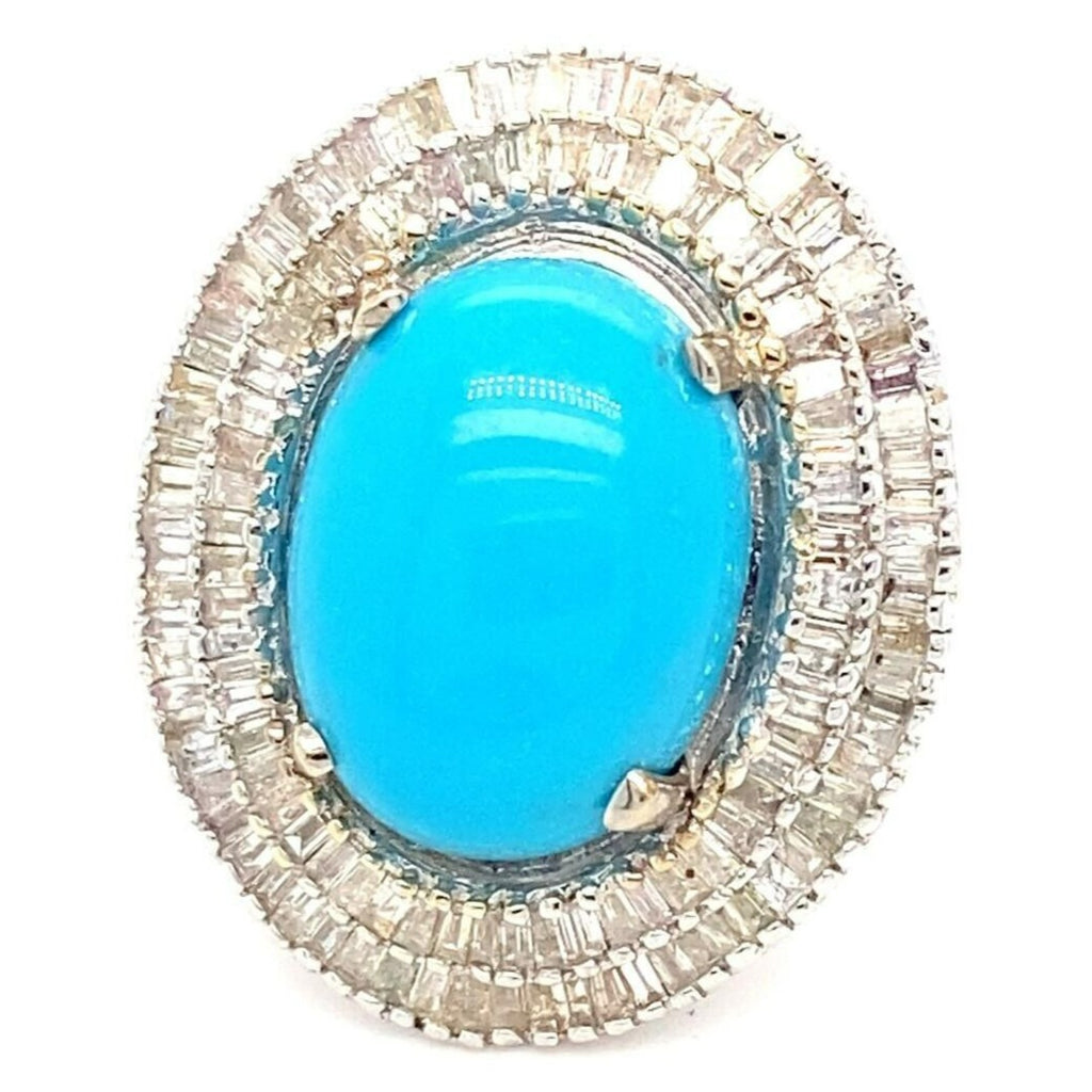 18k White Gold Turquoise Solitaire Ring w/ 2 cts Ballerina Dimaonds Size 9.25