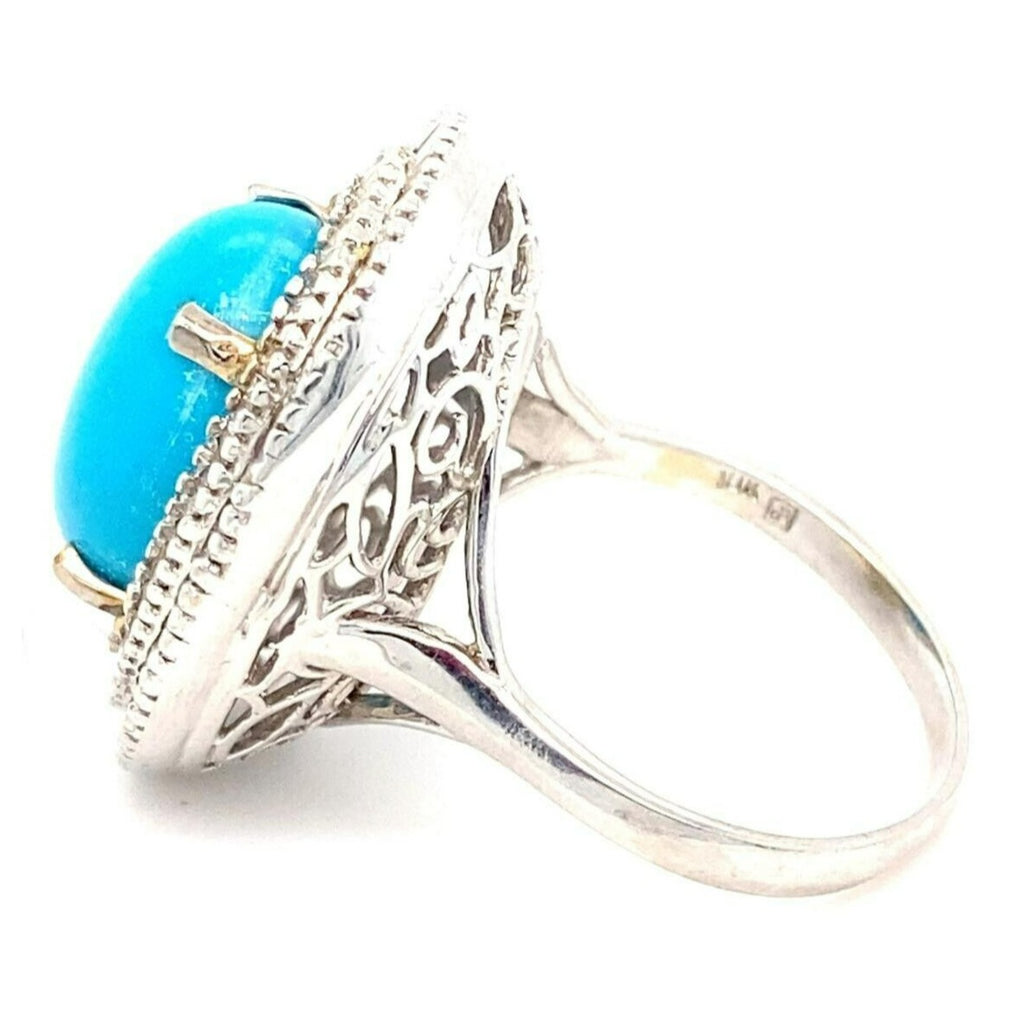 18k White Gold Turquoise Solitaire Ring w/ 2 cts Ballerina Dimaonds Size 9.25