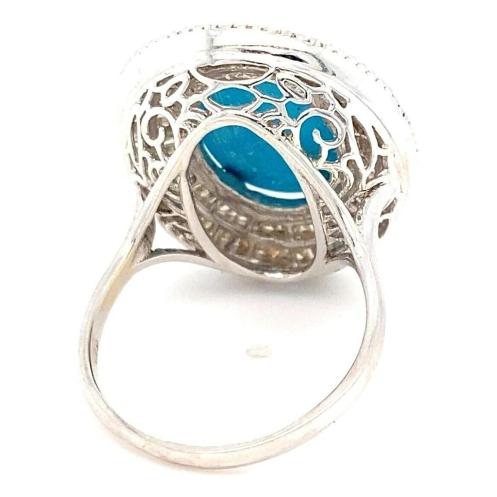 18k White Gold Turquoise Solitaire Ring w/ 2 cts Ballerina Dimaonds Size 9.25
