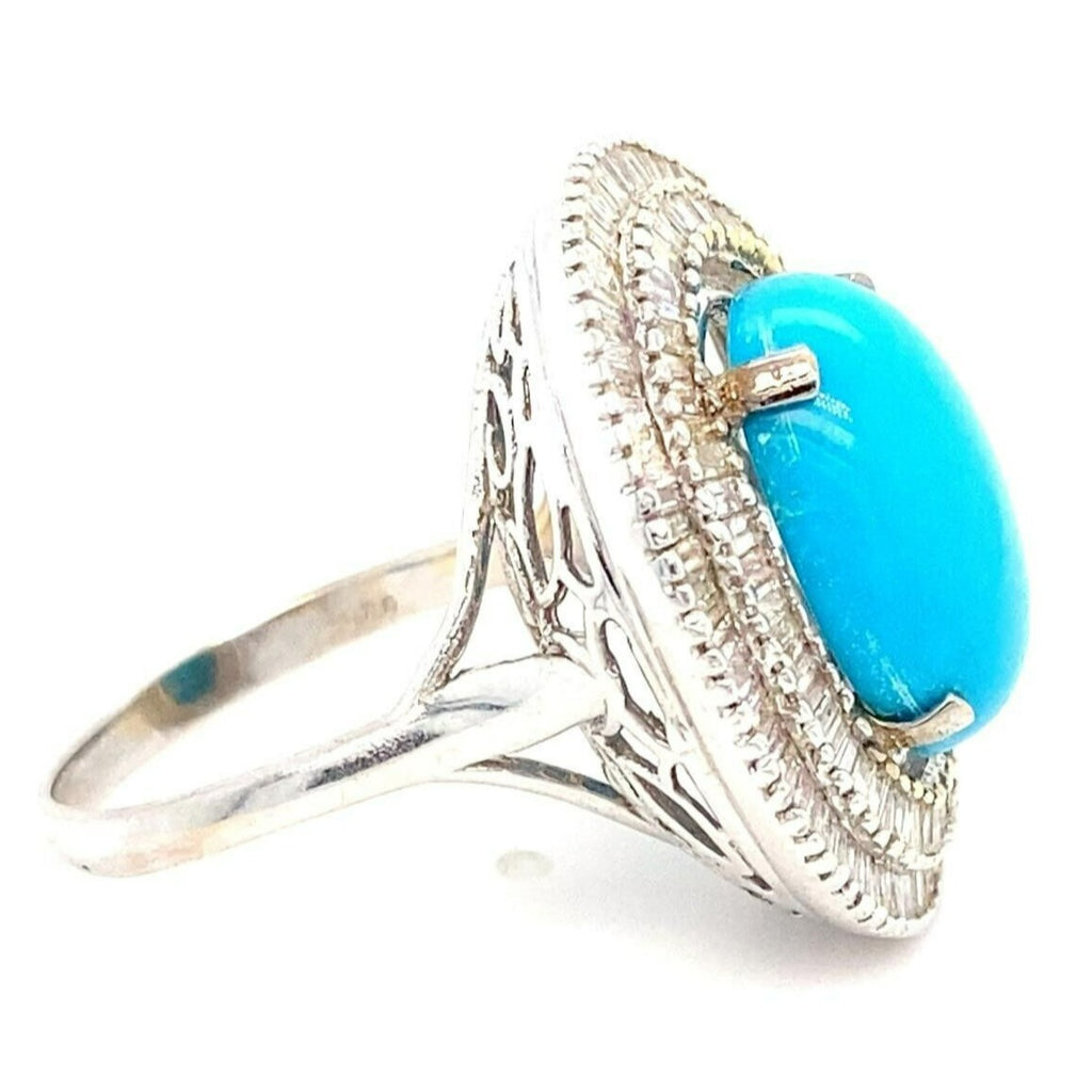 18k White Gold Turquoise Solitaire Ring w/ 2 cts Ballerina Dimaonds Size 9.25