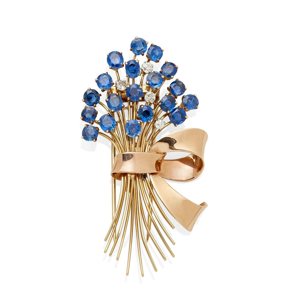 14k Gold 18 ct Sapphire, 0.75ct Diamond Flower Bouquet Brooch Circa 1940 28g