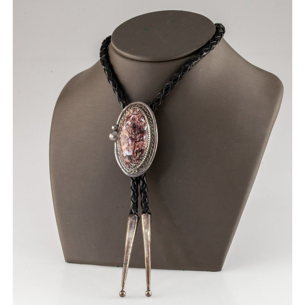 Sterling Silver Pink Agate Bolo Tie with Silver Aglets Gorgeous!