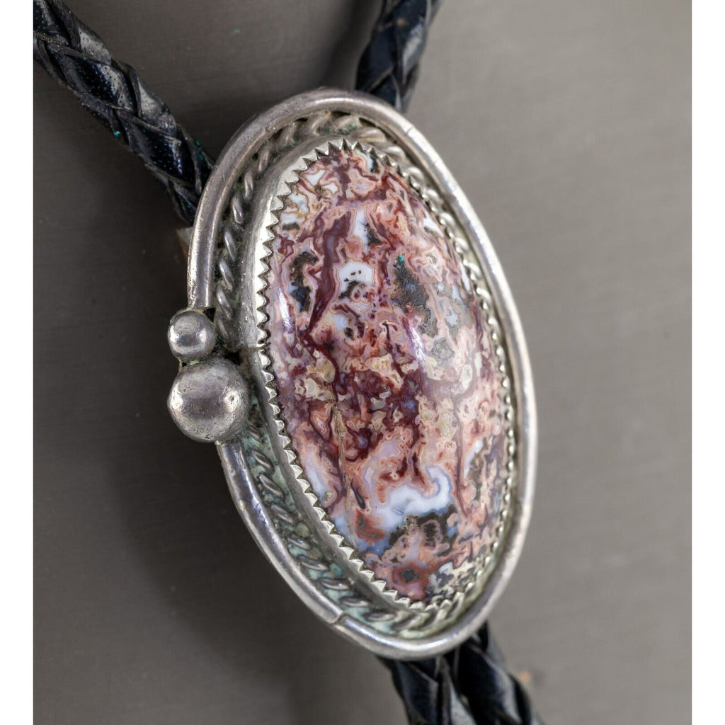 Sterling Silver Pink Agate Bolo Tie with Silver Aglets Gorgeous!