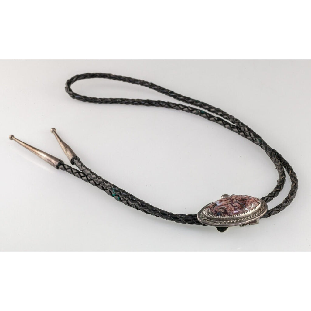 Sterling Silver Pink Agate Bolo Tie with Silver Aglets Gorgeous!