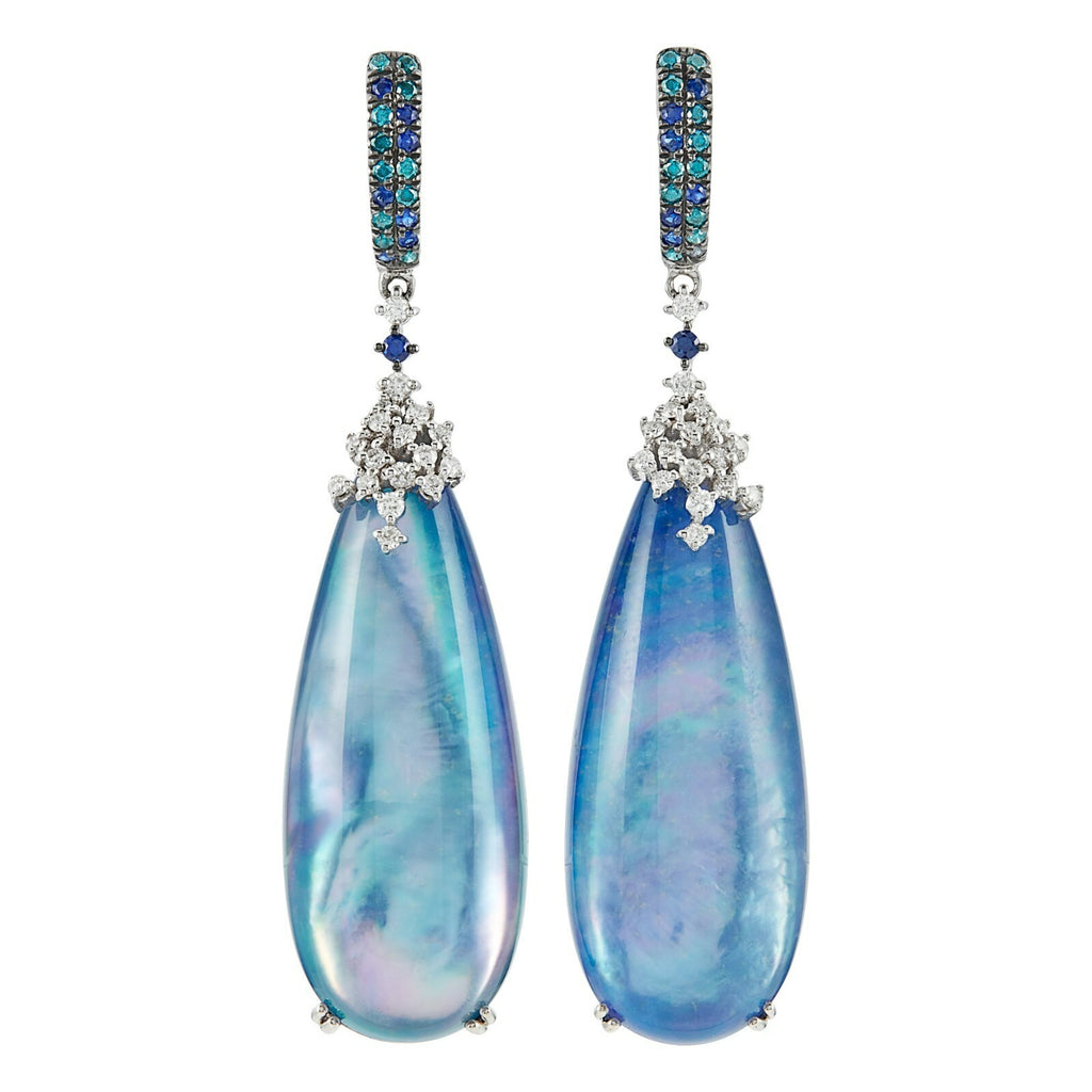 14k White Gold Crystal Topped Abalone Drop Earrings with Dia and Sapp Accents