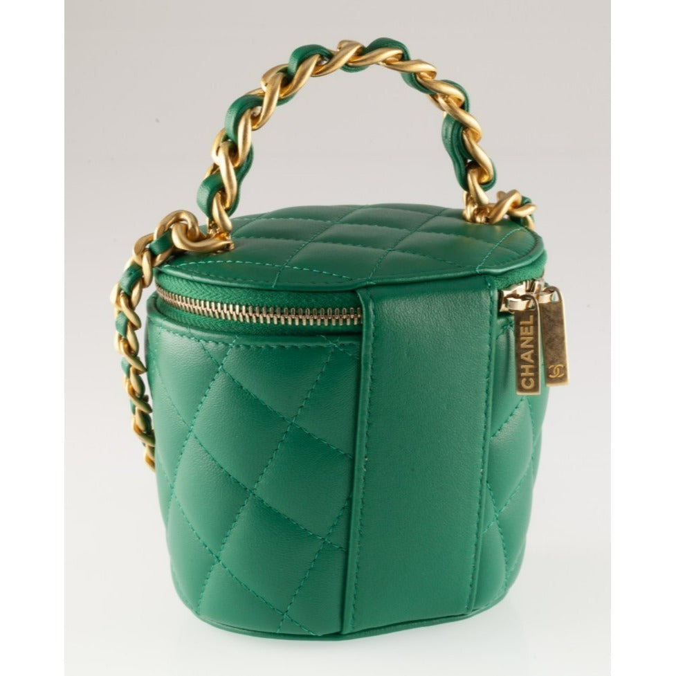 Chanel Small Top Handle Vanity Case Green Lambskin Matelasse Box and Dustbag