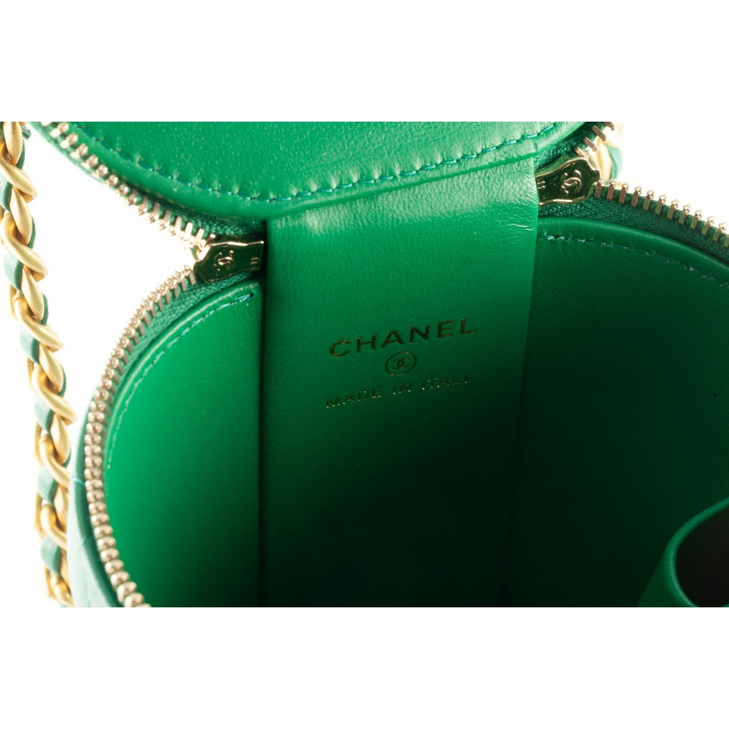 Chanel Small Top Handle Vanity Case Green Lambskin Matelasse Box and Dustbag
