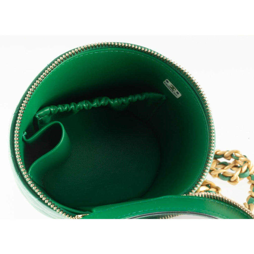 Chanel Small Top Handle Vanity Case Green Lambskin Matelasse Box and Dustbag