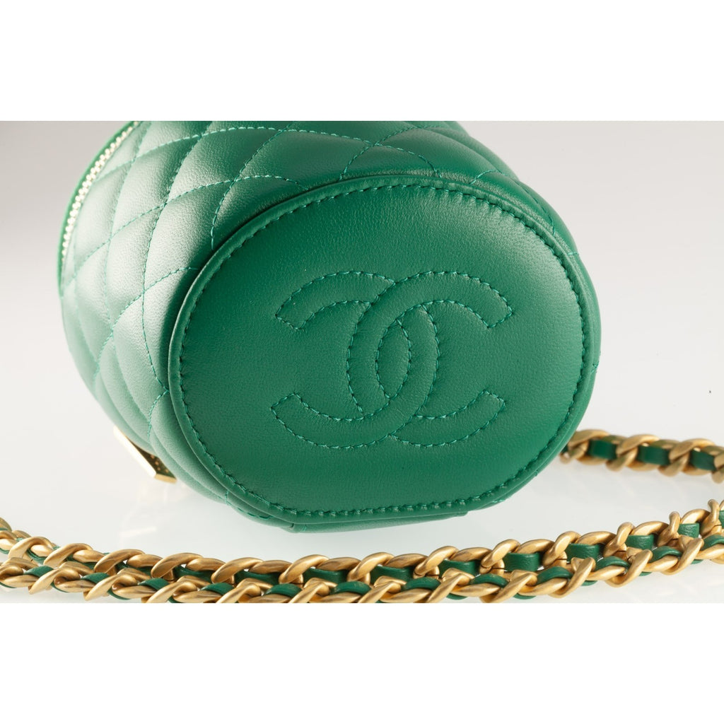 Chanel Small Top Handle Vanity Case Green Lambskin Matelasse Box and Dustbag