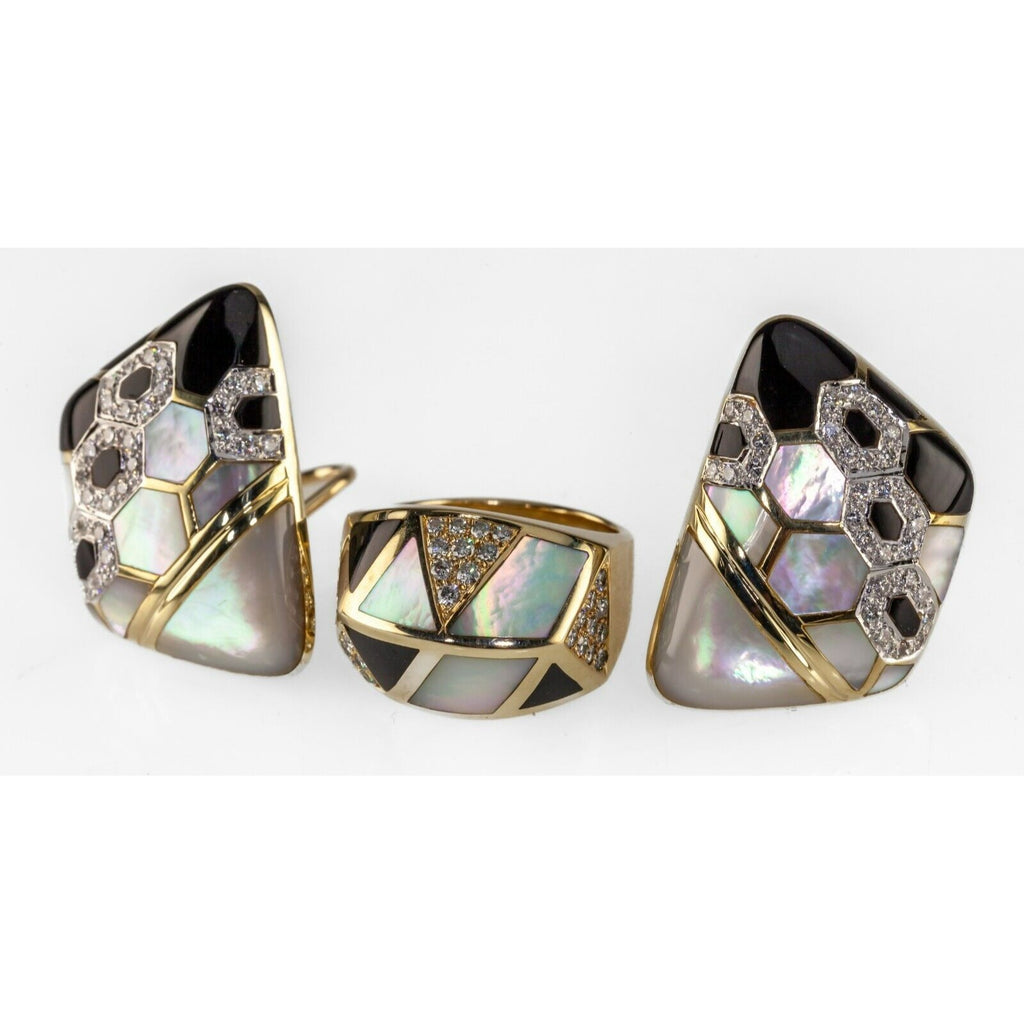 14k Yellow Gold Mother of Pearl, Onyx, and Diamond Ring and Earring Set