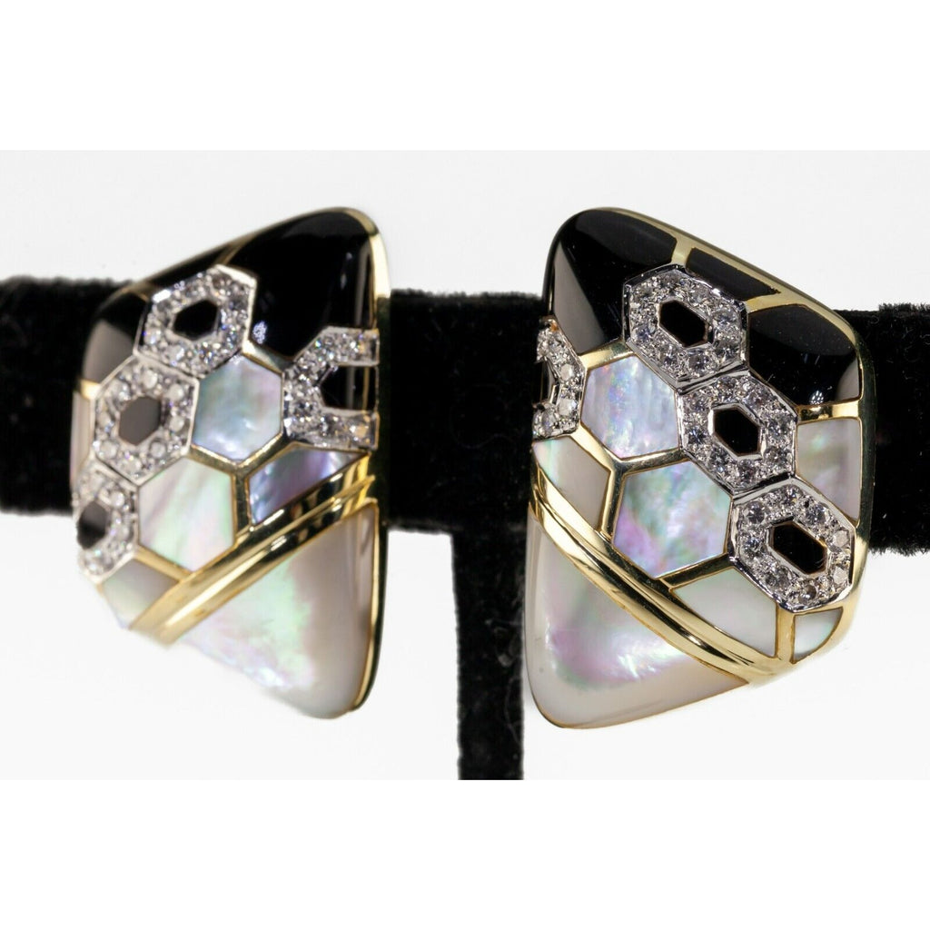 14k Yellow Gold Mother of Pearl, Onyx, and Diamond Ring and Earring Set