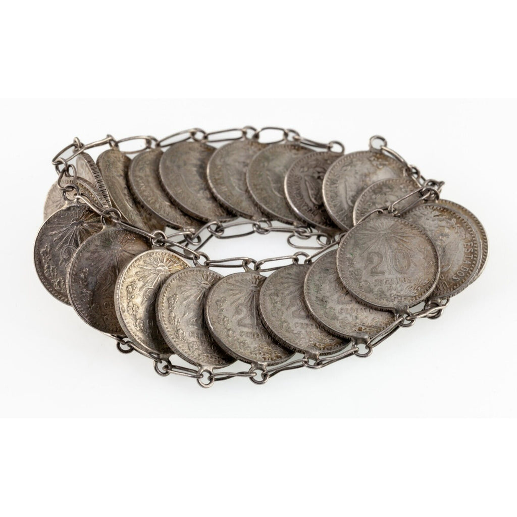 1920's-40's Mexico 20 Centavos Silver Coin Bracelet  7" 71.2gr