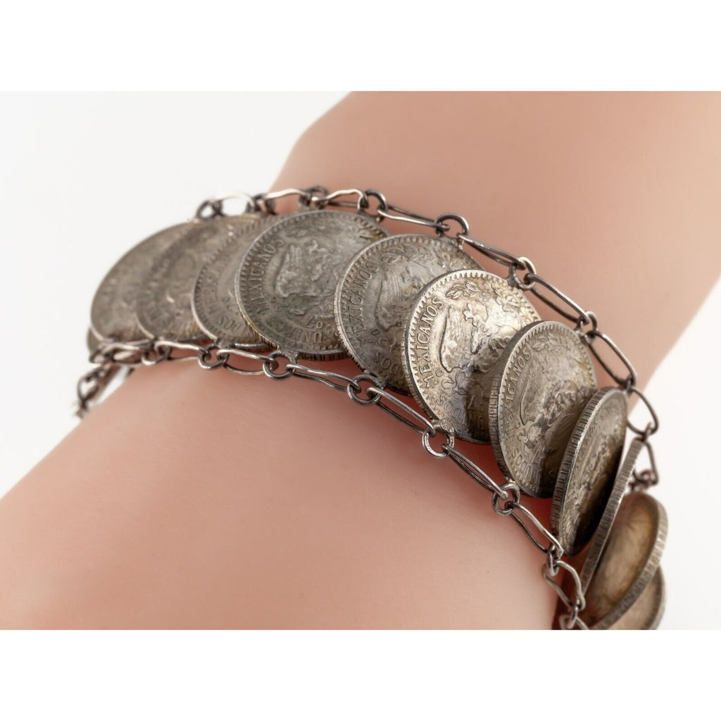 1920's-40's Mexico 20 Centavos Silver Coin Bracelet  7" 71.2gr